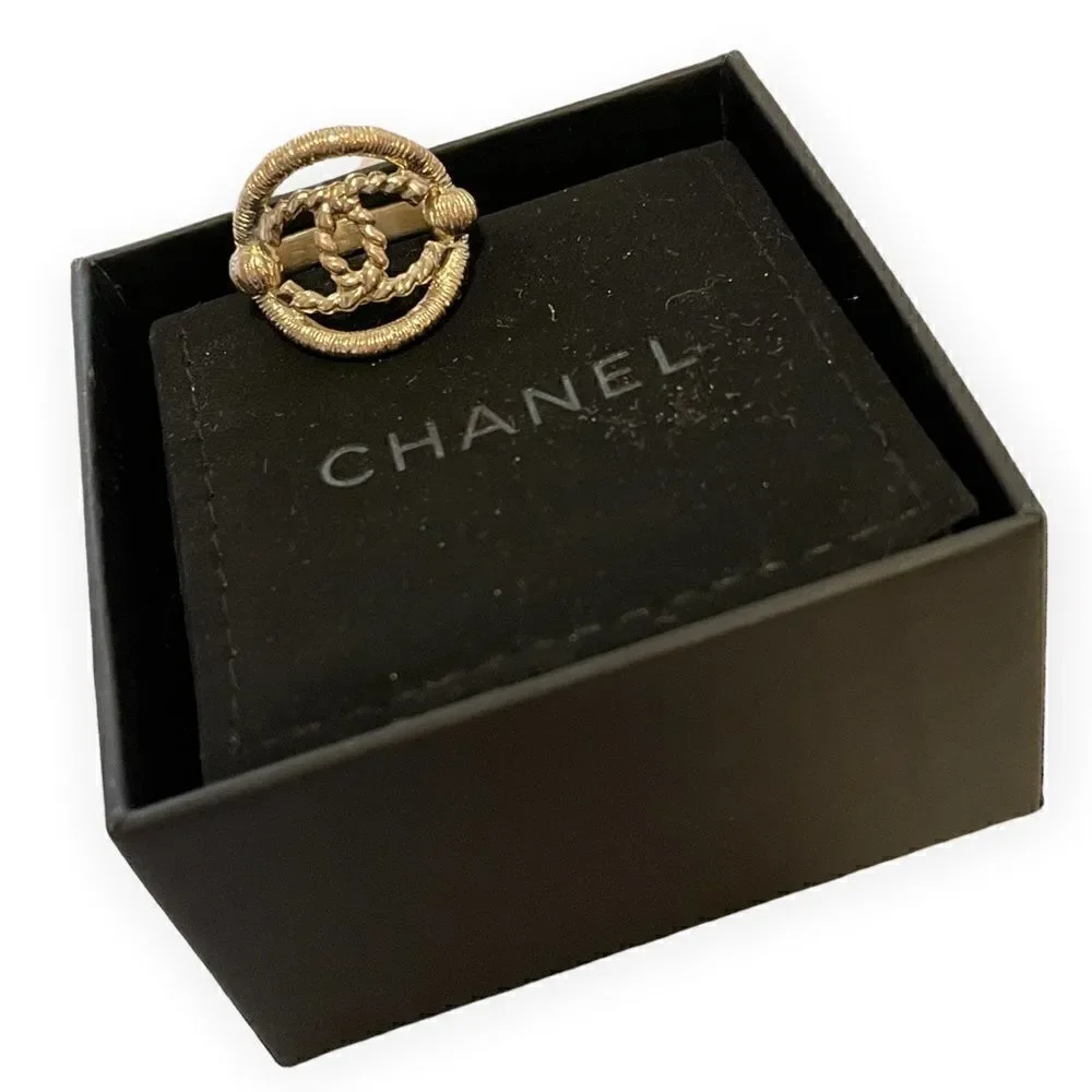 CHANEL CC Gold-Tone Cocktail Ring |Size: 6.5|